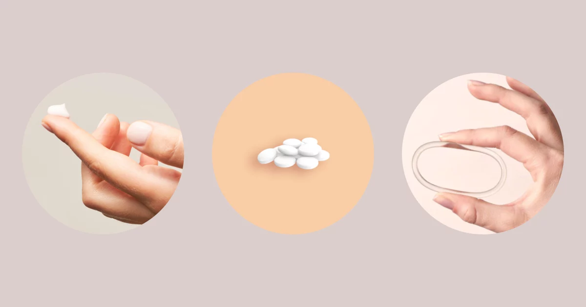 Vaginal estrogen in several FDA-approved formulations, including a cream, insert, and ring.