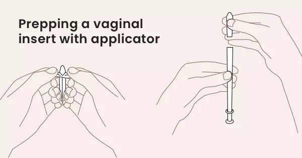 Illustration of how to place a vaginal insert into an applicator.